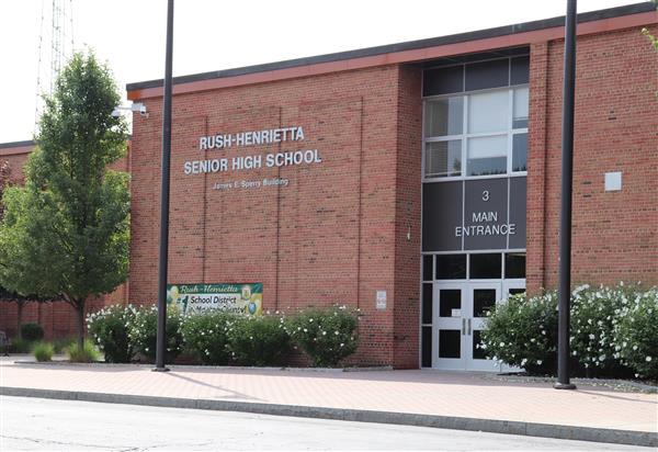 Close-up of the front of the Rush-Henrietta Senior High School